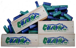 Wooden boxes and green and blue blocks from the Collapse! commemorative financial crisis game